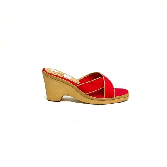 Vintage 1970s deadstock vegan red canvas wedge disco heels - Picture 1 of 8